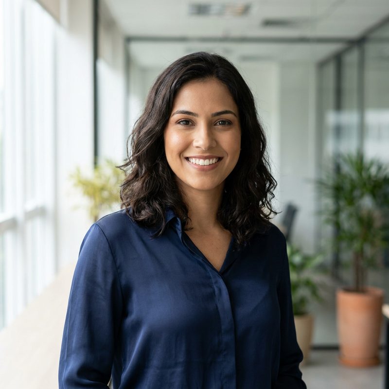 Consultora de atendimento da Omnuvax sorrindo em um escritório moderno com luz natural
