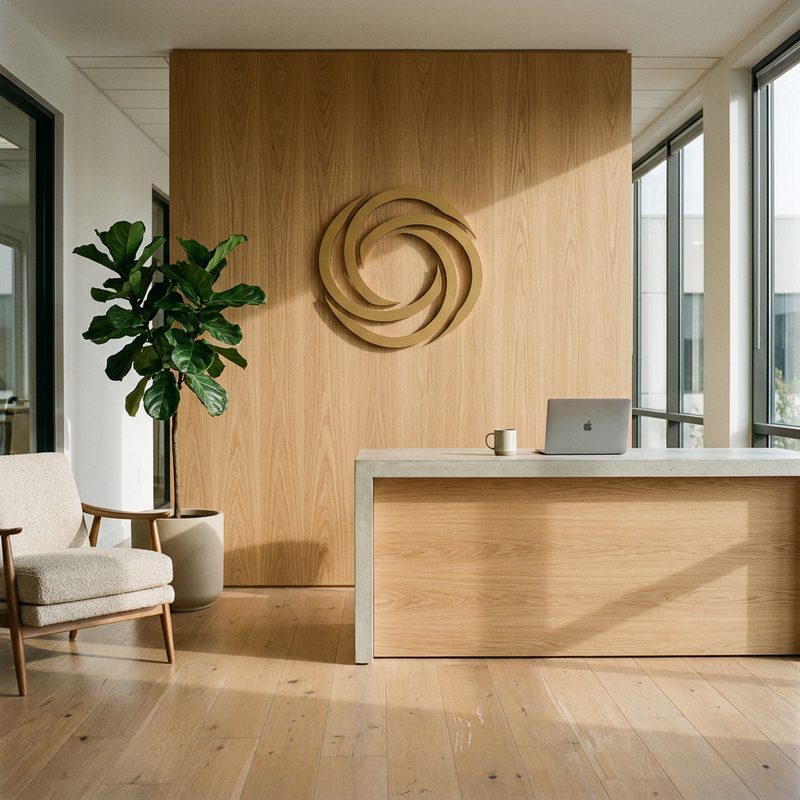 Recepção da sede da Omnuvax: parede de madeira clara com o símbolo da marca em metal dourado, balcão de concreto, poltrona e luz natural